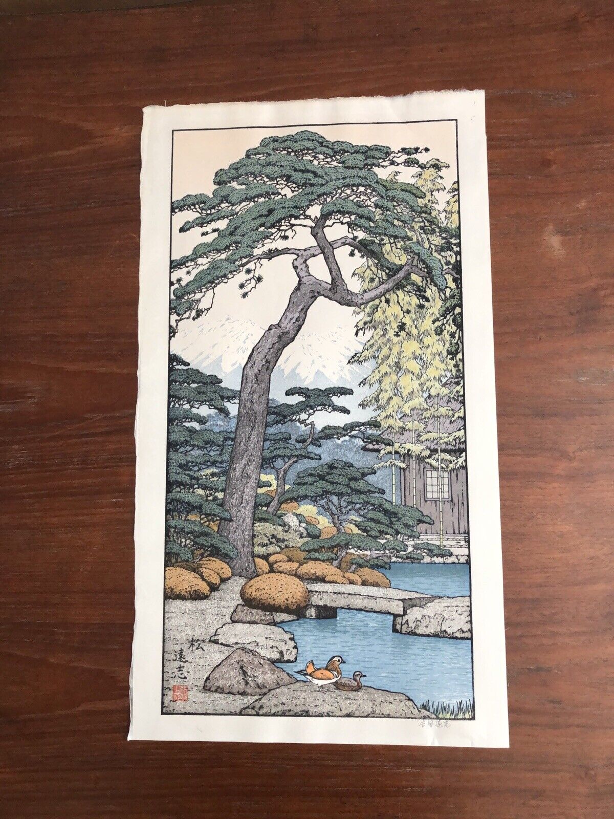 Japanese Woodblock Yoshida Toshi Pine Tree of the Friendly Garden 1980