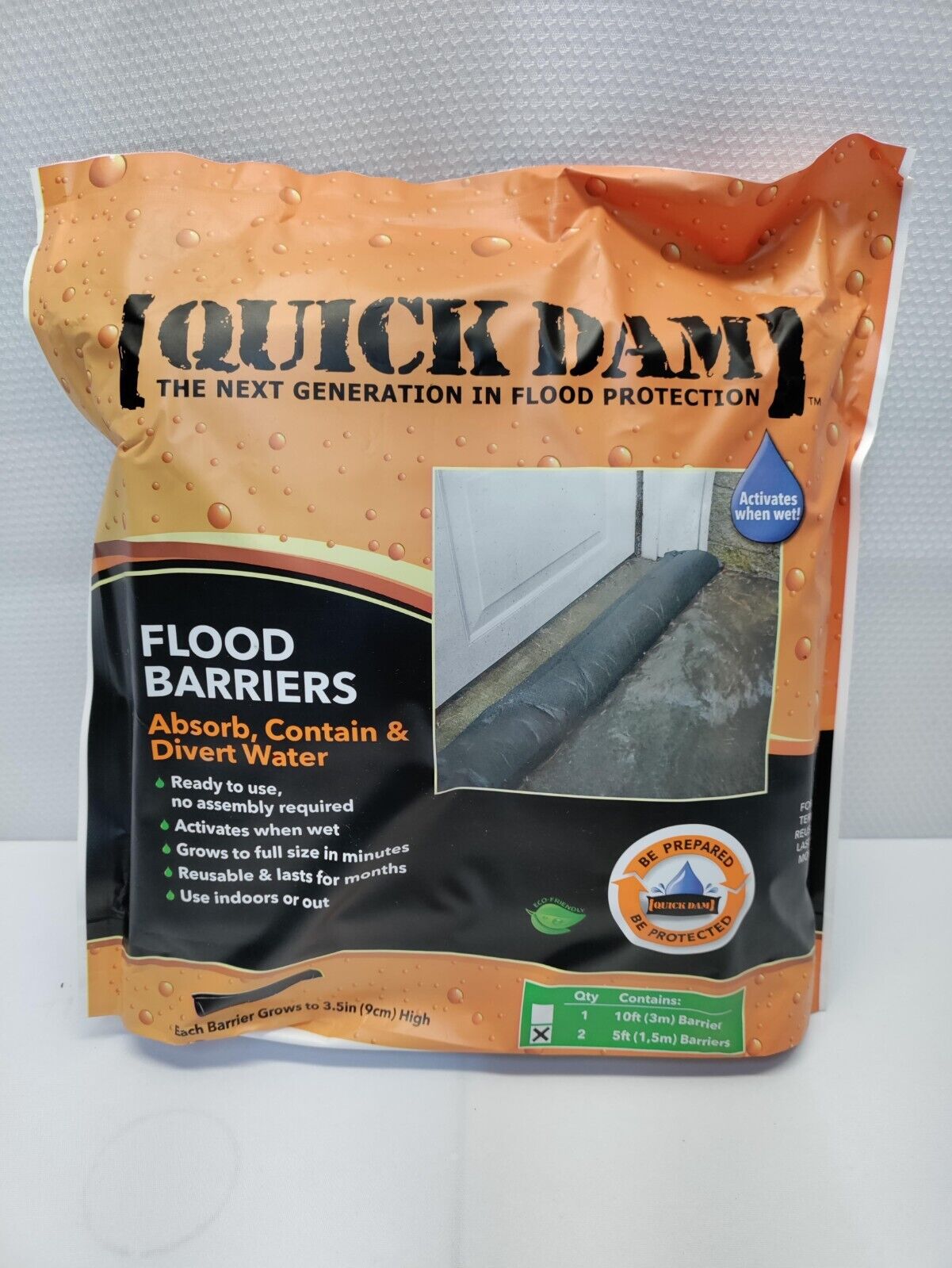 Quick Dam Water Activated Flood Barriers 2 PACK - 5 Ft Absorbs 4 Gallons Black
