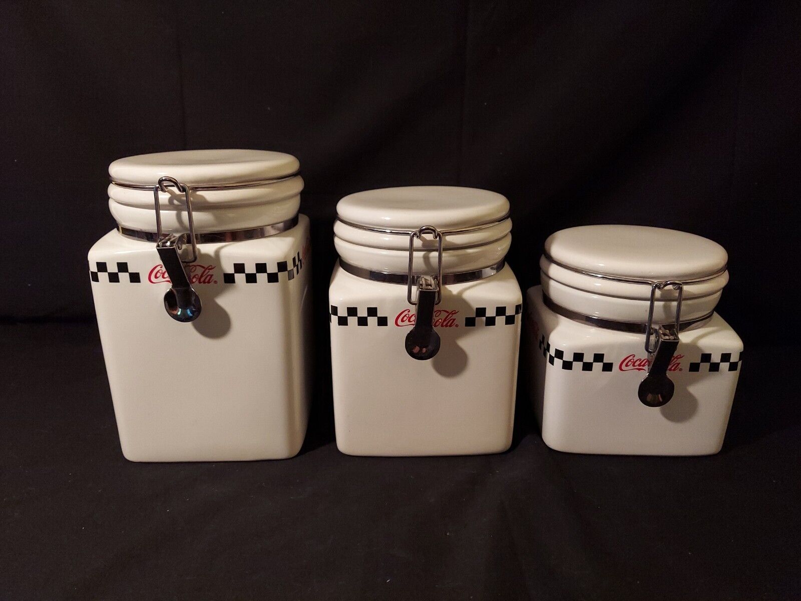 Vintage Gibson Coca Cola 3 Piece Canister Set 2002 Checkerboard Pattern Nice 