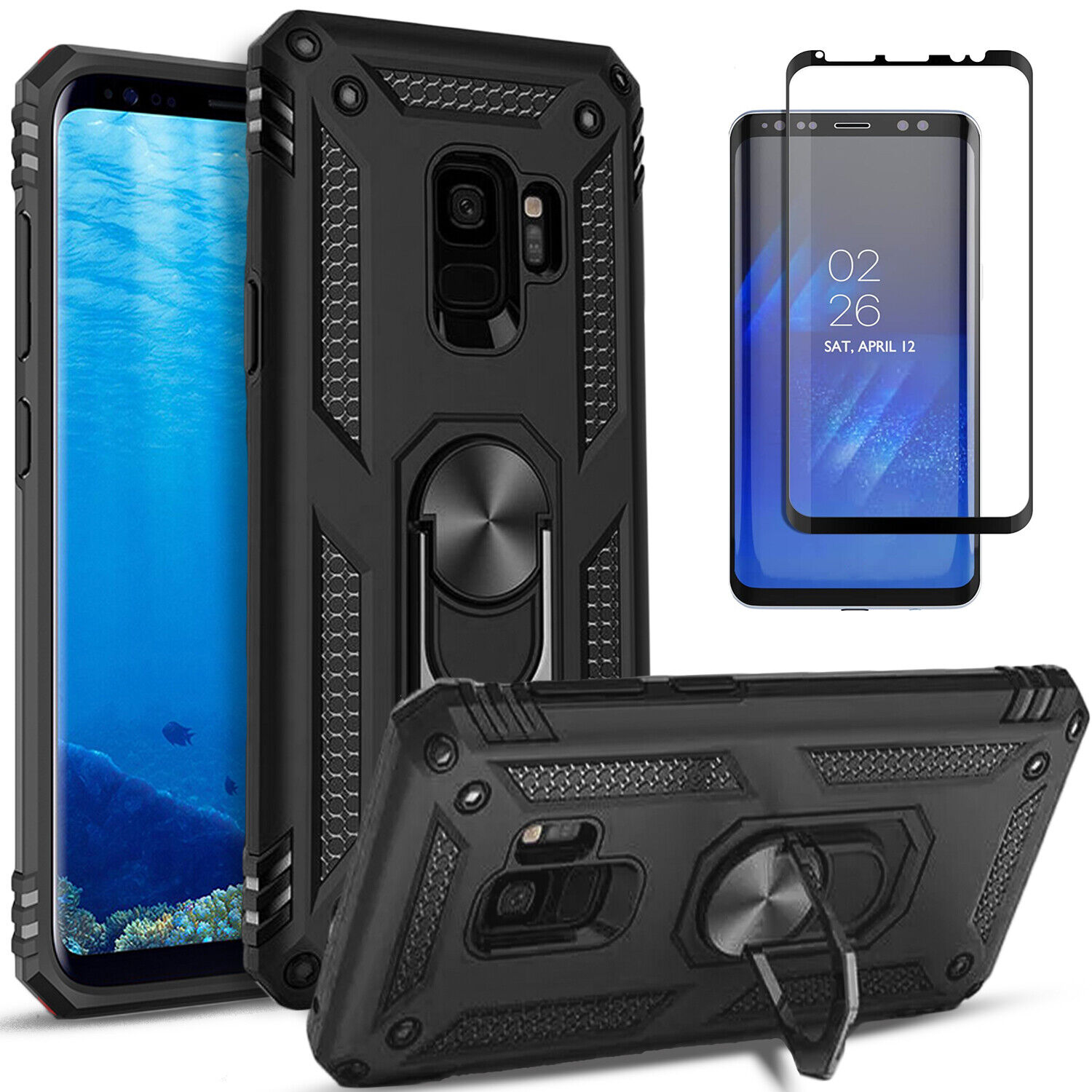 For Samsung Galaxy S9 / S9 Plus Phone Case Kickstand + Tempered Glass Protector