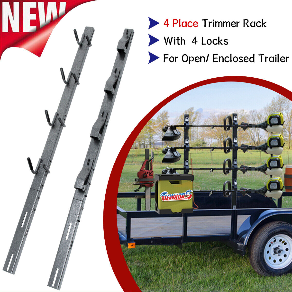 4 Place Lockable Weedeater Trimmer Rack Set Upgraded For Enclosed / Open Trailer