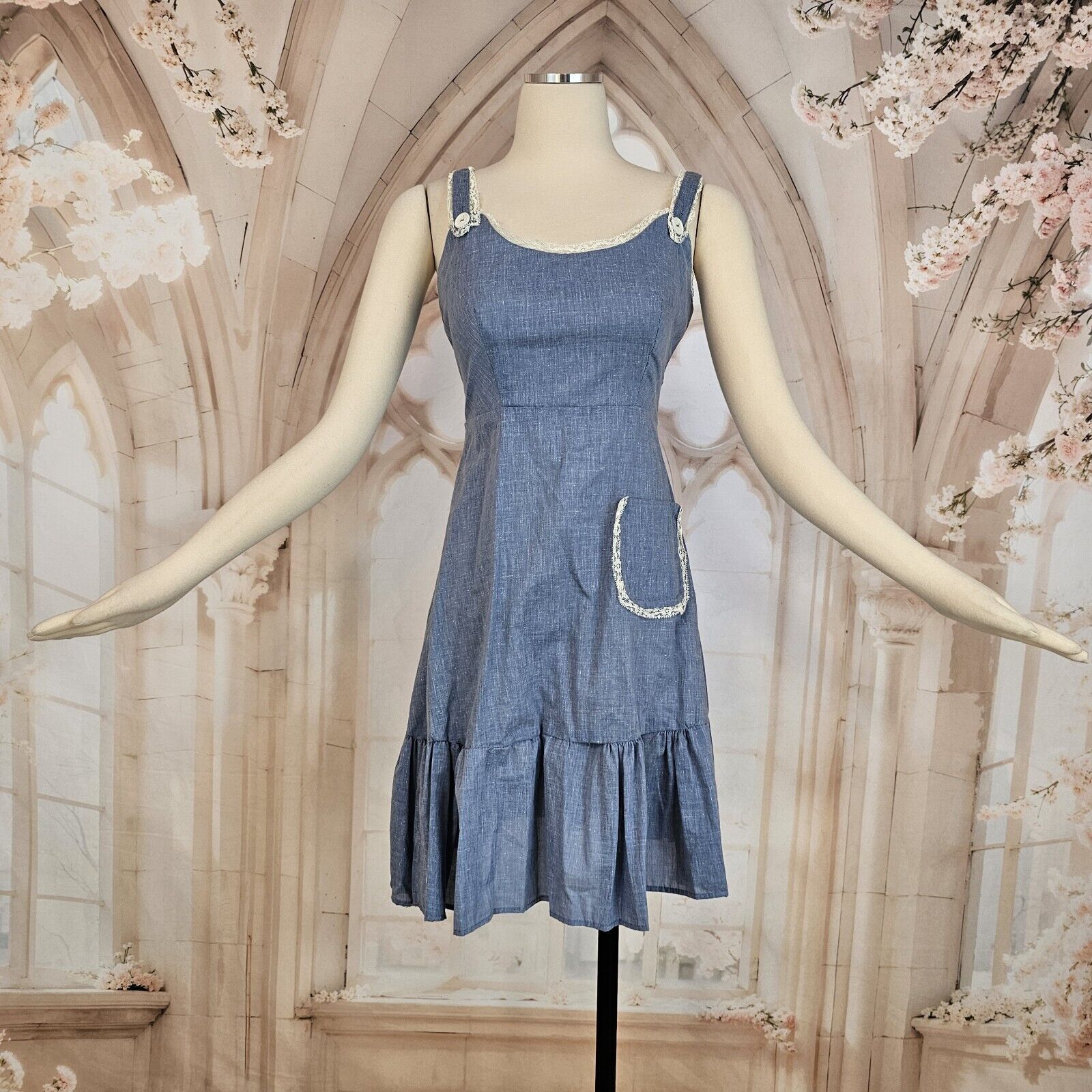 Vintage 1960\'s Dress Sundress Sleeveless Tie Waist Lace Ruffled Blue Pocket 