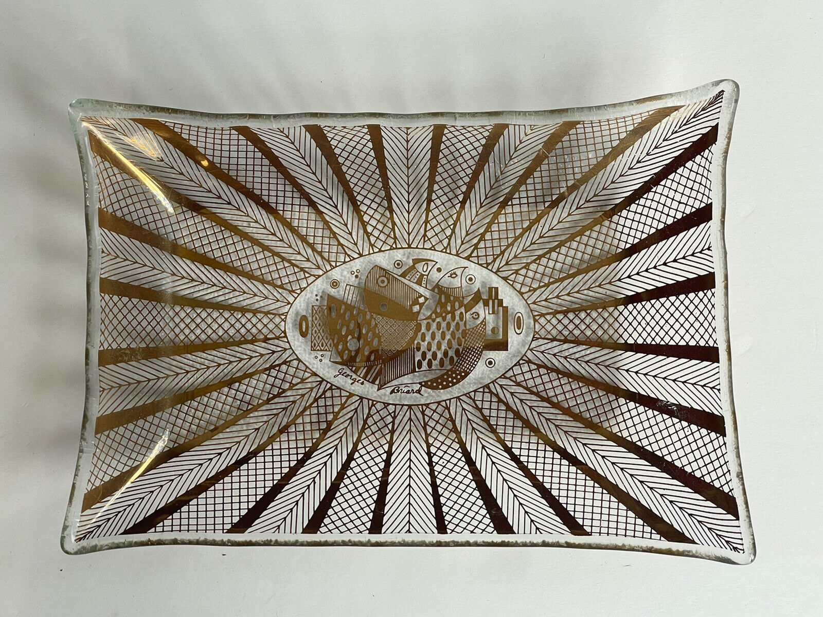 Vintage Georges Briard Bird Dove Partridge Glass Plate Tray MCM Abstract Gold