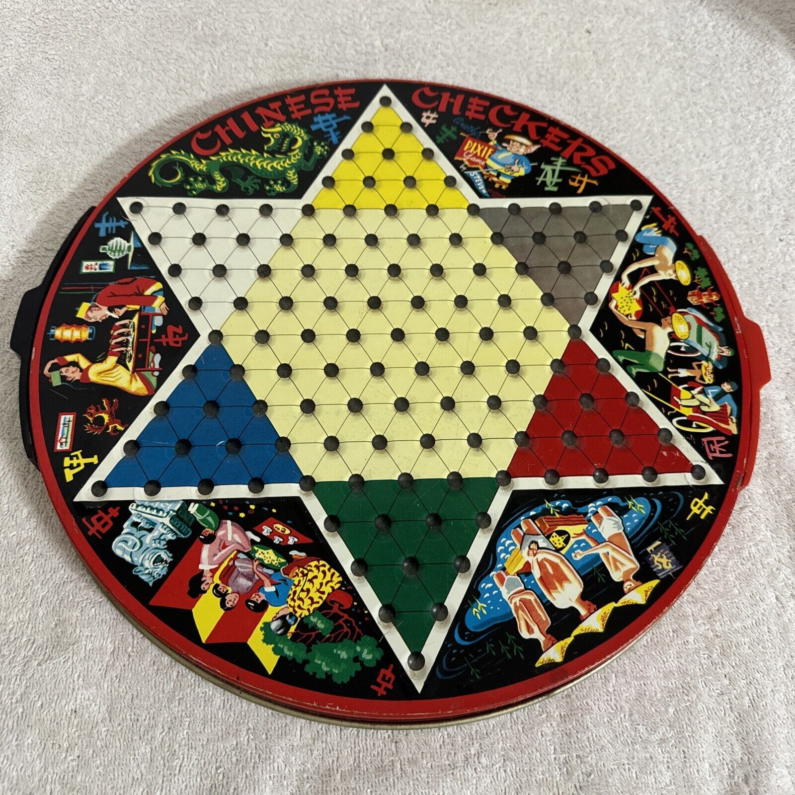VINTAGE Chinese Checkers Game Pixie STEVEN Metal MFG Tin Game With Storage 1965