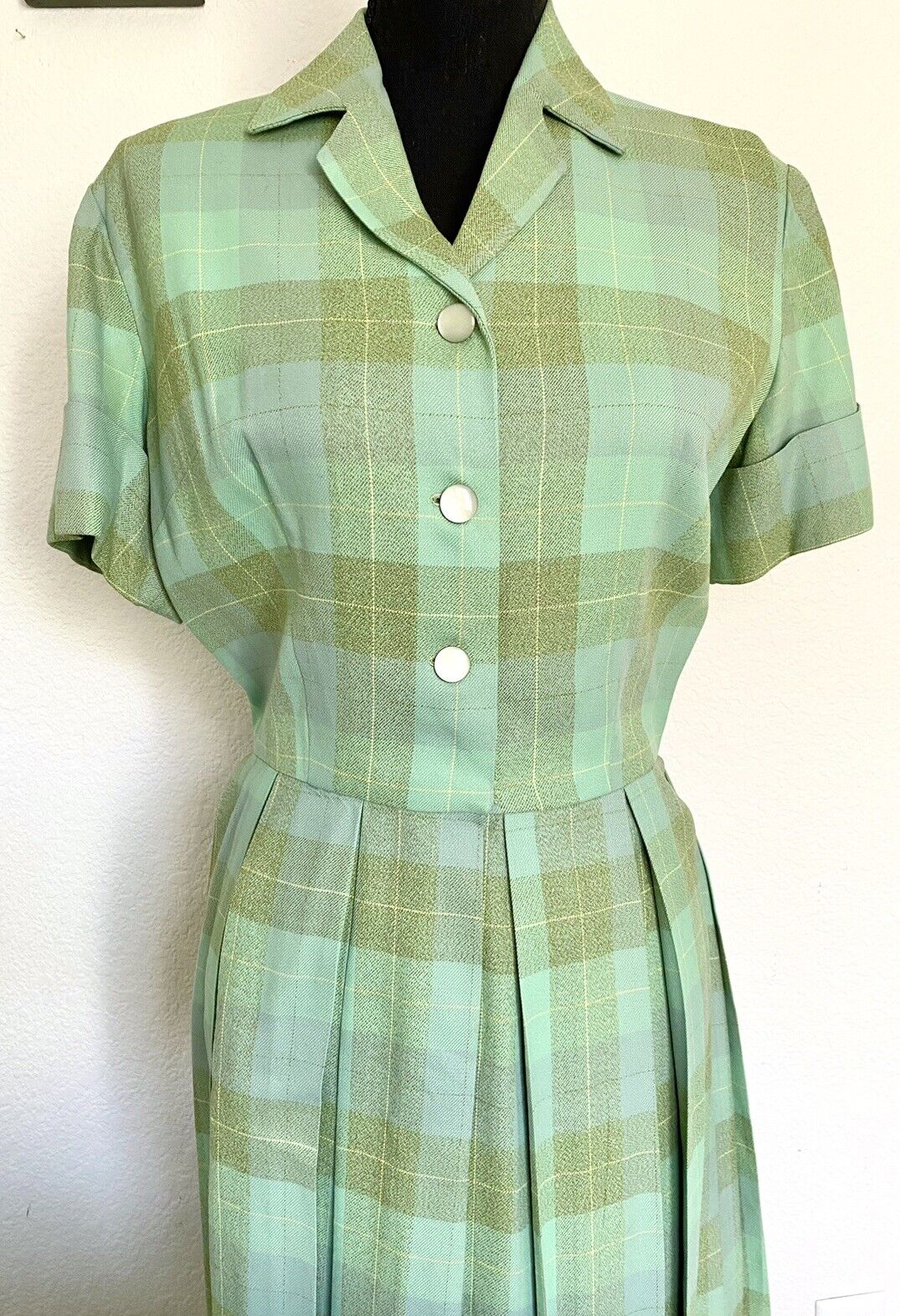 1950s Vintage Plaid Button Shirtwaist Day Summer Picnic Dress Rockabilly Pinup