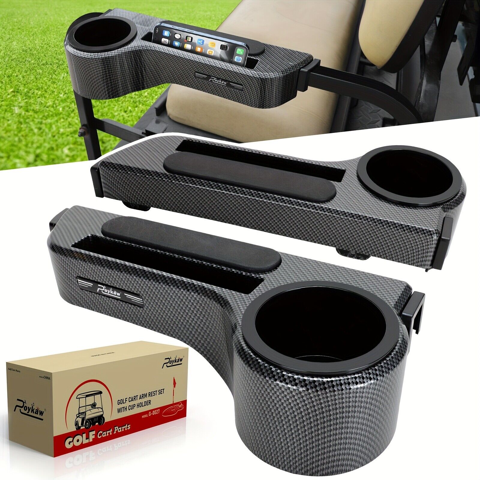 Golf Cart Armrest With Cup Holder, Rear Seat Arm Rests，Upgrade Phone Holder