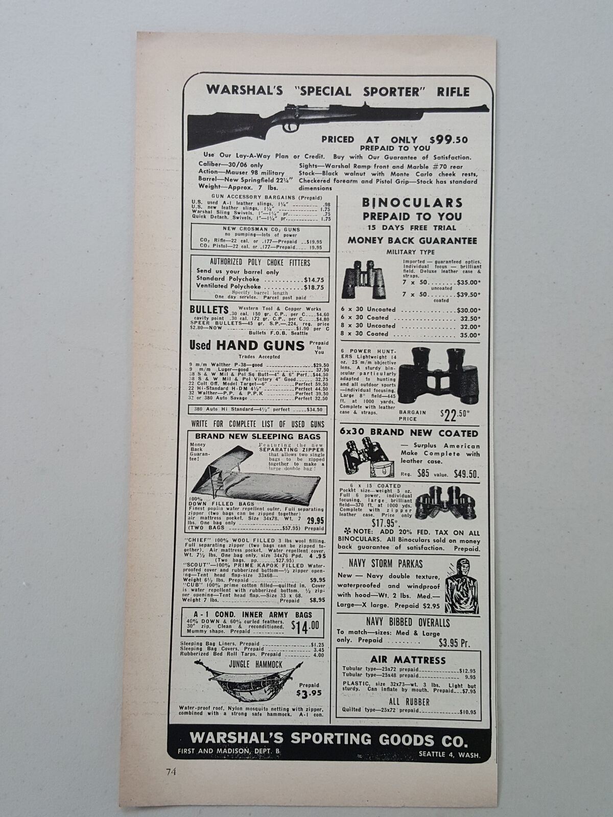 1950 Warshal\'s Sporting Goods Seattle Guns Binoculars  Vtg Magazine Print Ad