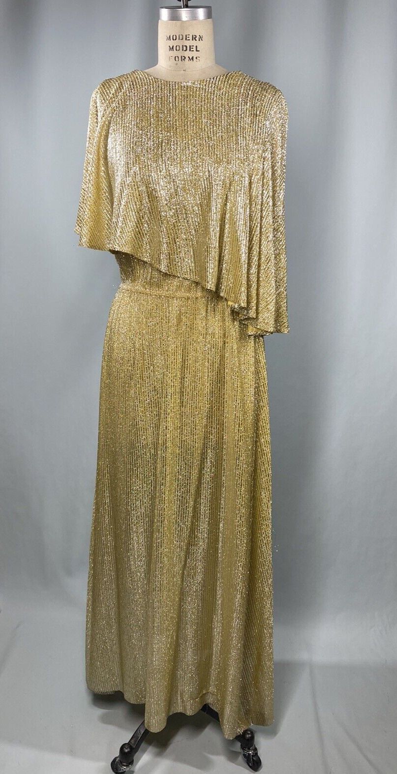 Vintage Dress SIZE LARGE gold lurex metallic long 60\'s 70\'s stretch maxi disco