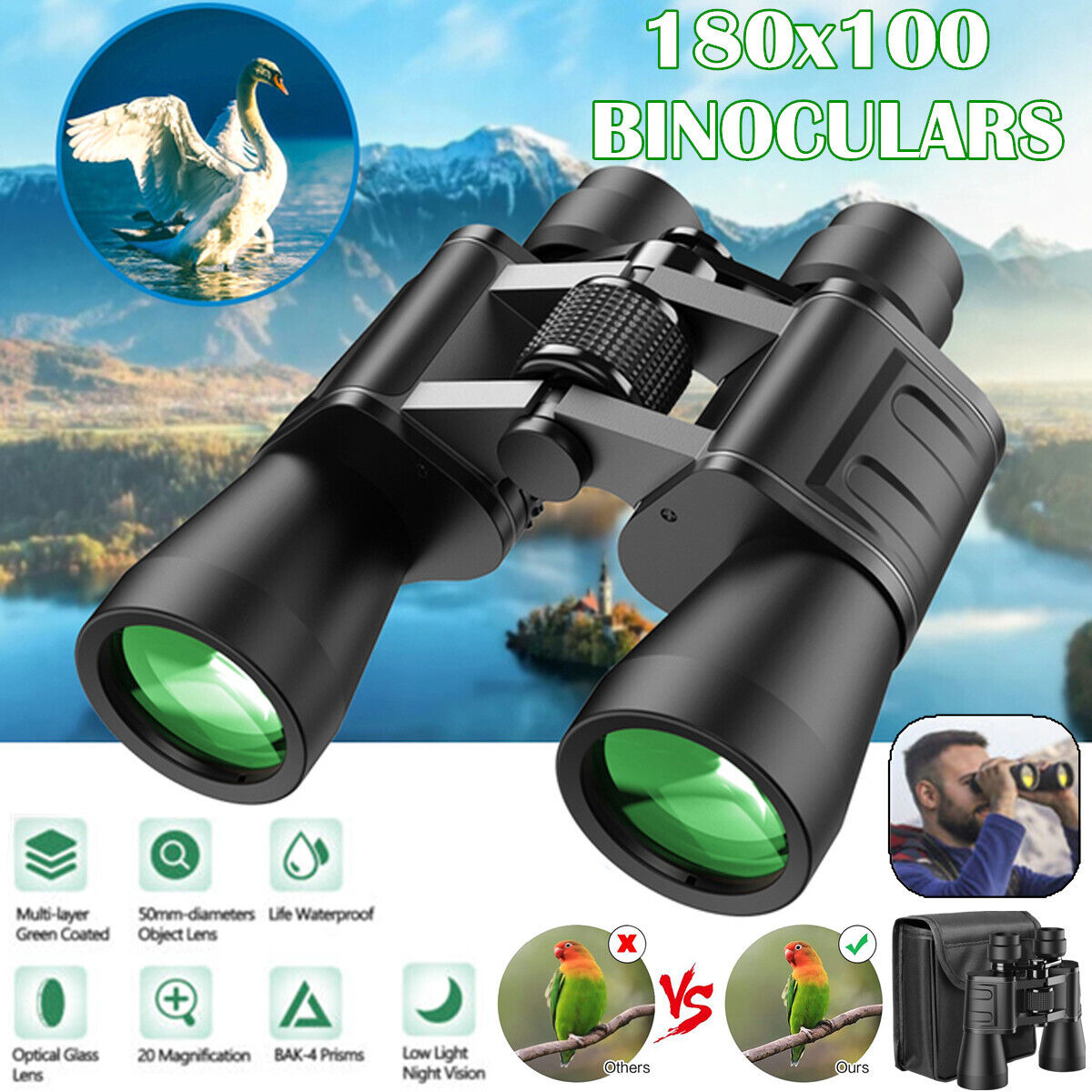 180x100 HD Military Zoom Powerful Binoculars Day/Low Night Optics Hunting & Case