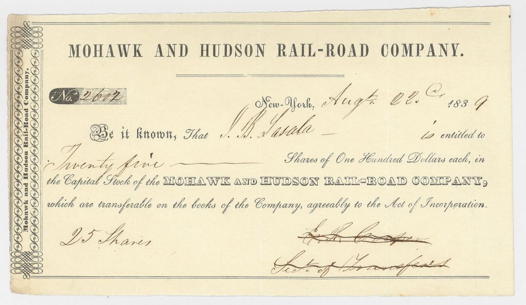 Mohawk and Hudson Rail-Road Co. - Very Early - 1839 dated Railway Stock Certific