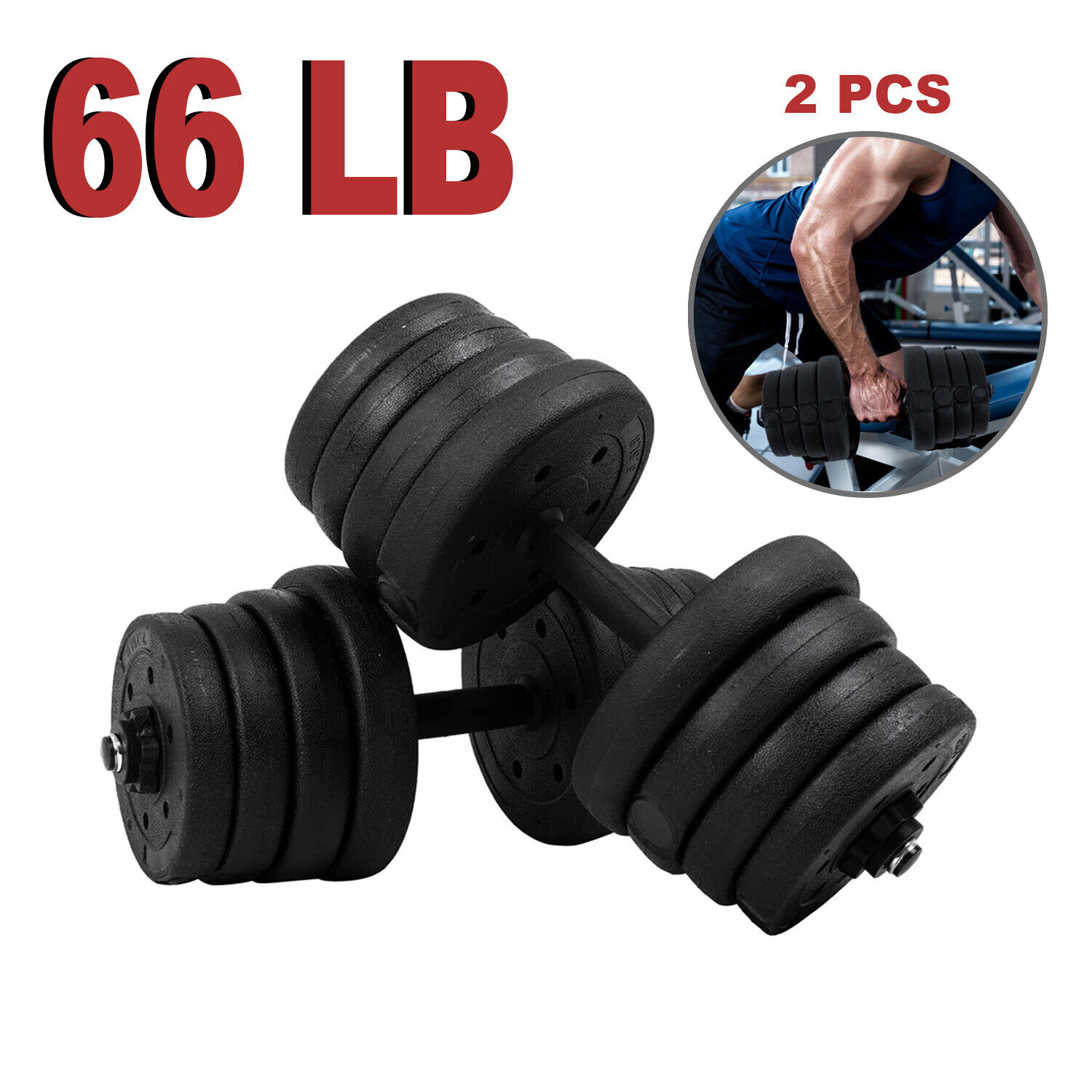 66 LB Weight Dumbbell Set Adjustable Cap Home Gym Barbell Plates Body Workout  
