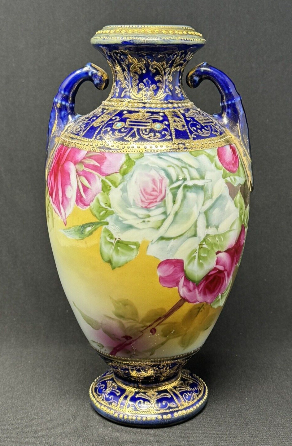 Vintage / Antique Nippon 2 Handled Vase Hand Painted Roses Gilted & Enameled