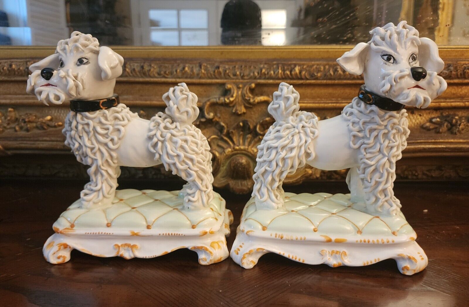 Vintage Pair Italian Ceramic on 'Cushion'  Poodle Figurines Ivory . Mint Cond 
