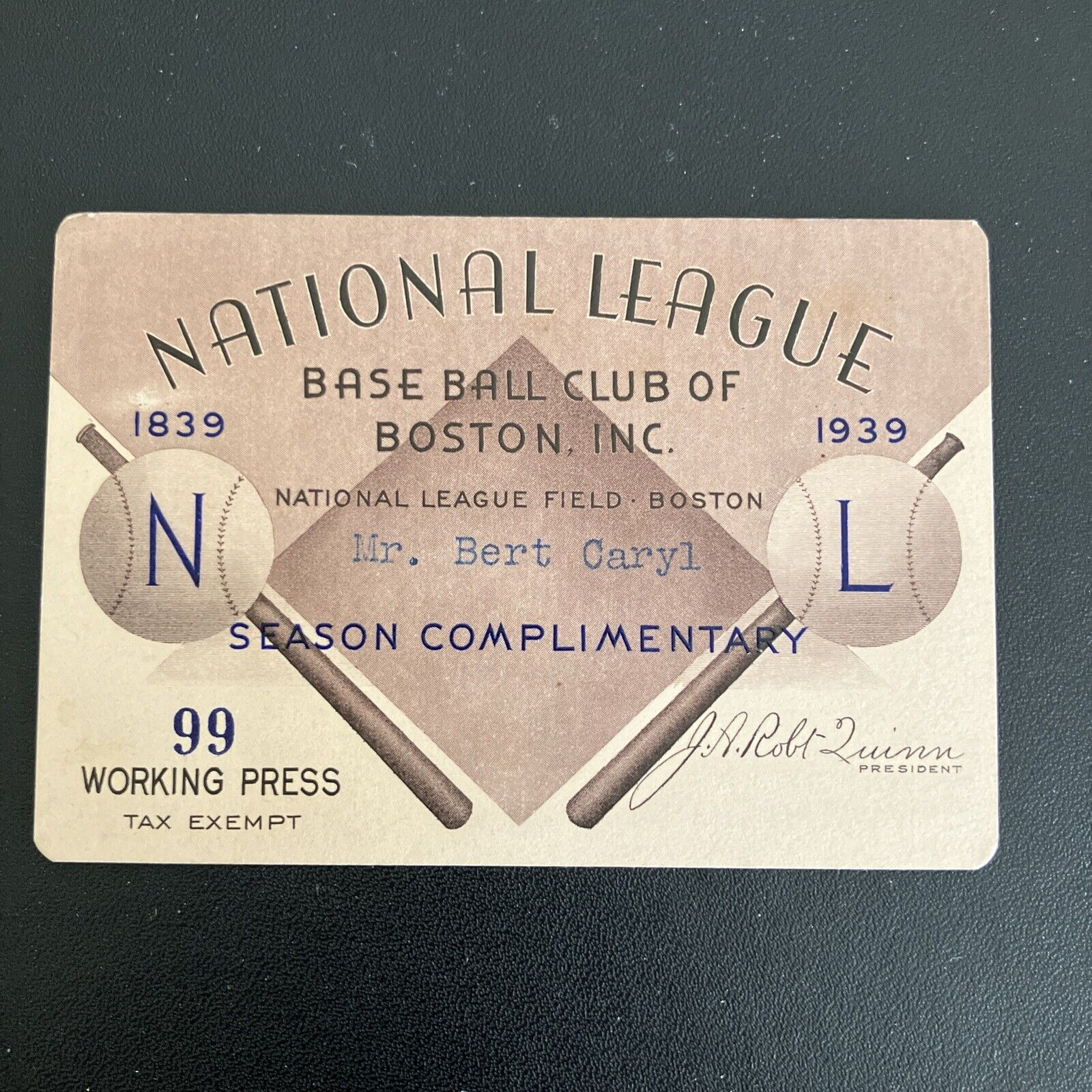 RARE 1939 Boston Braves Season Complimentary Ticket Press Pass National League.