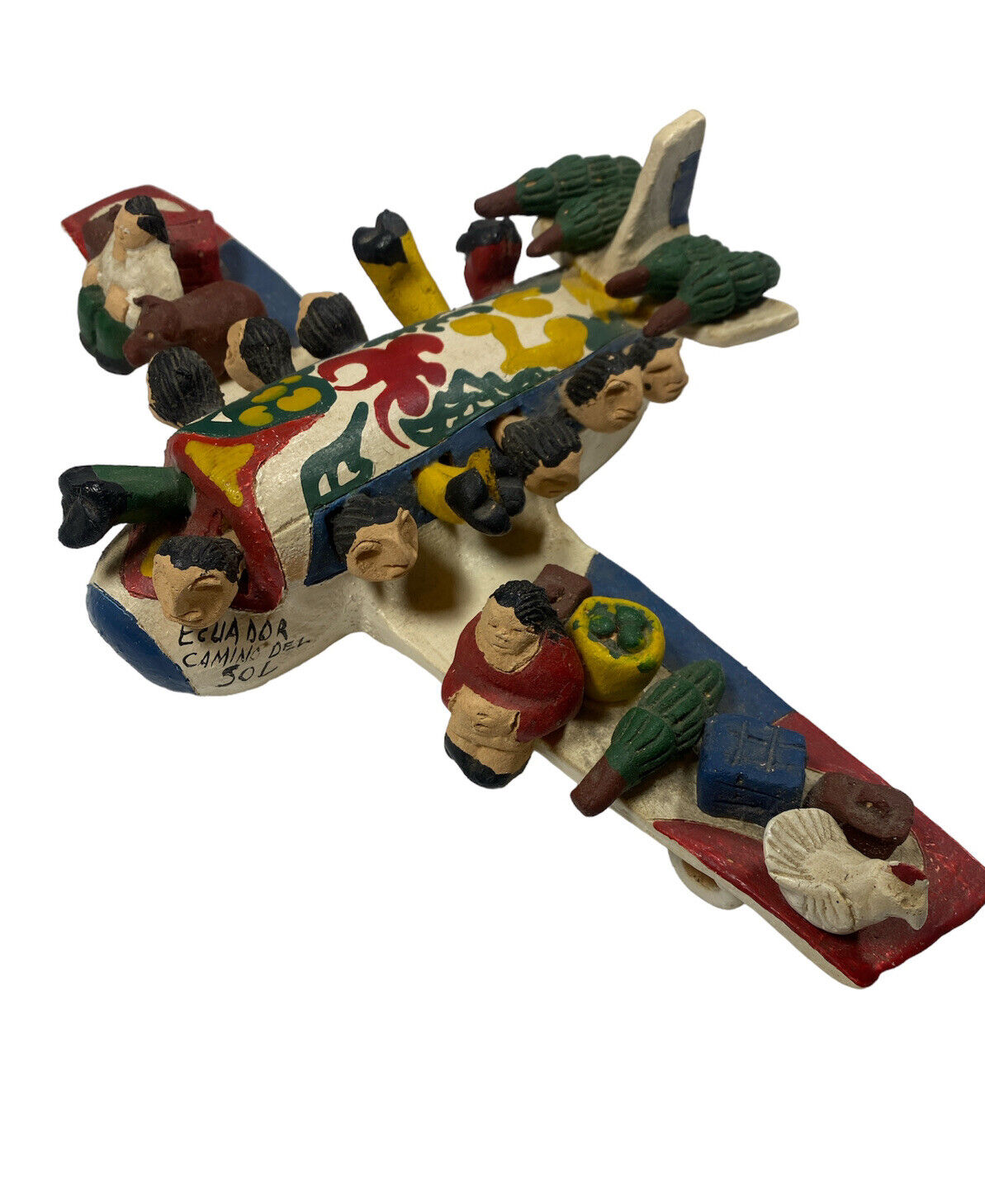 Vintage South American Folk Art Clay Airplane Ecuador Passengers Produce Animals