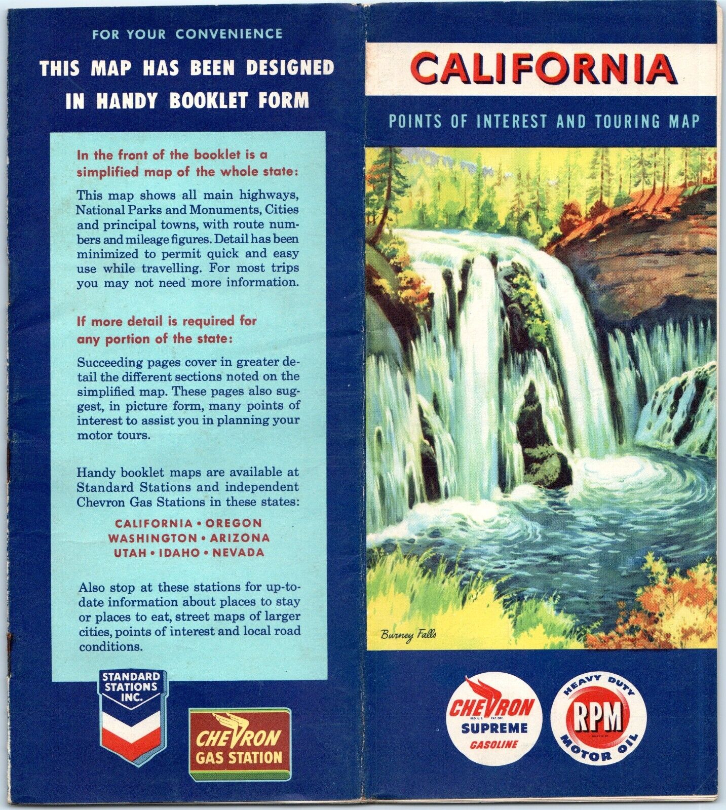 1953 California Chevron Supreme RPM Gasoline Oil Road Map Burney Falls CA Cal 4F