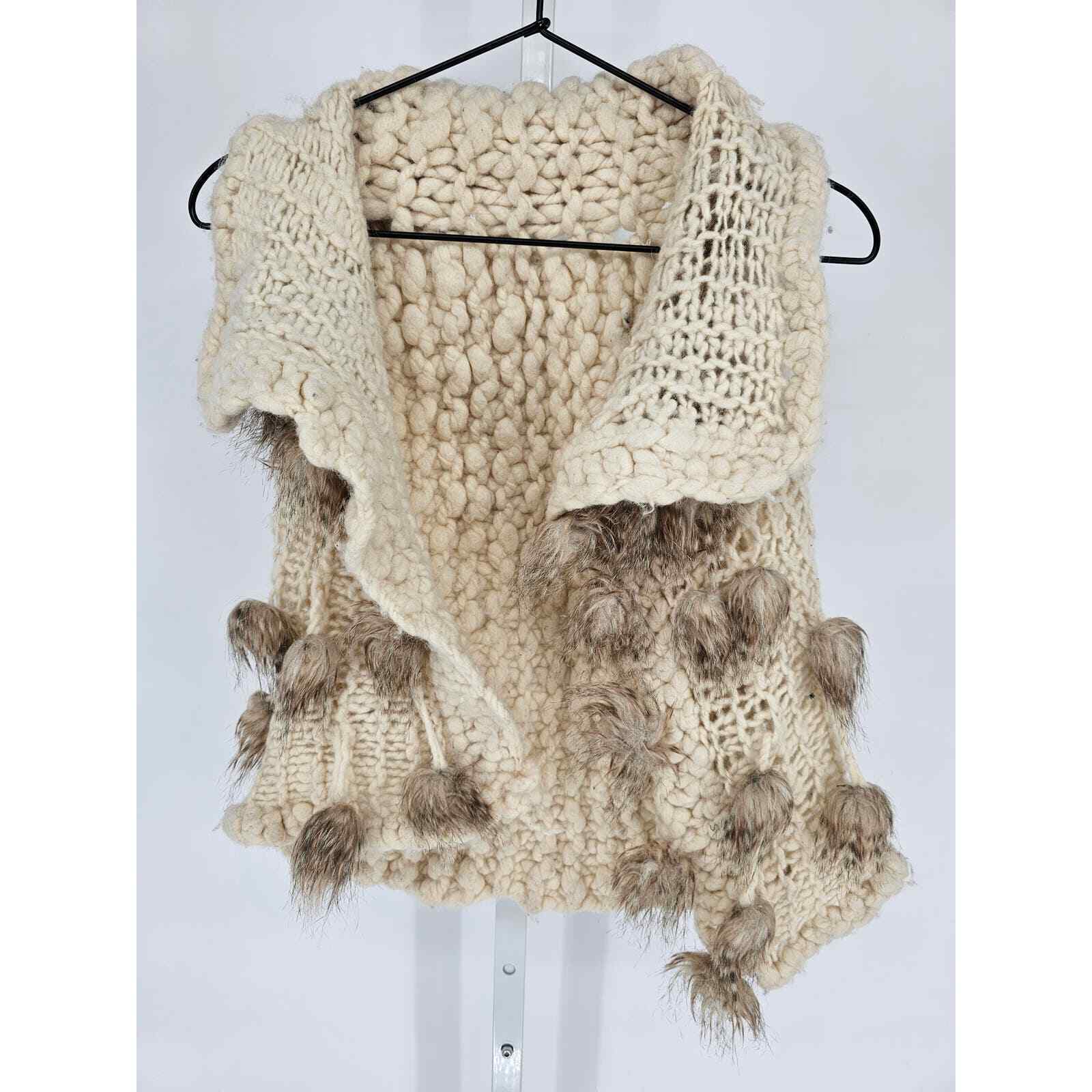 Vintage Hand Knit Crochet Open Front Chunky Knit Vest Beige w/ Pom Poms 1970s