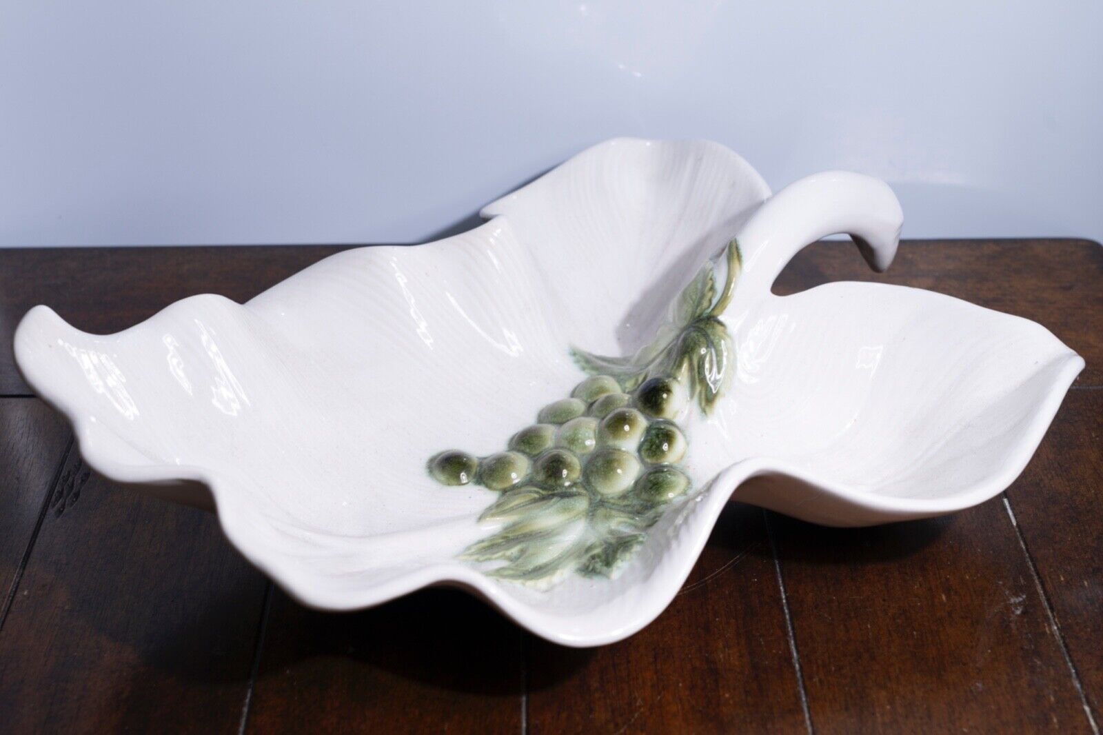 Vintage HULL Pottery Leaf Shaped Serving Dish with Green Grape Accents, U.S.A.