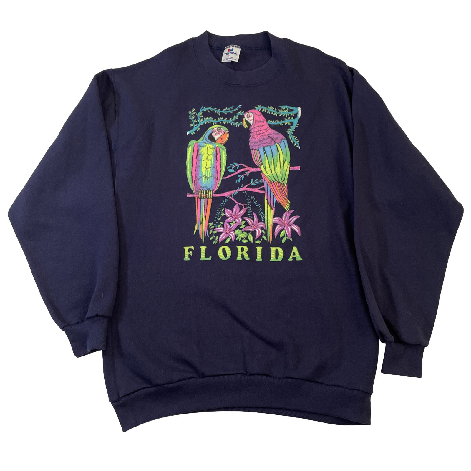 VTG 80s Parrots Birds Flowers Florida Sweater Sweatshirt Sz L Neon Puff Print