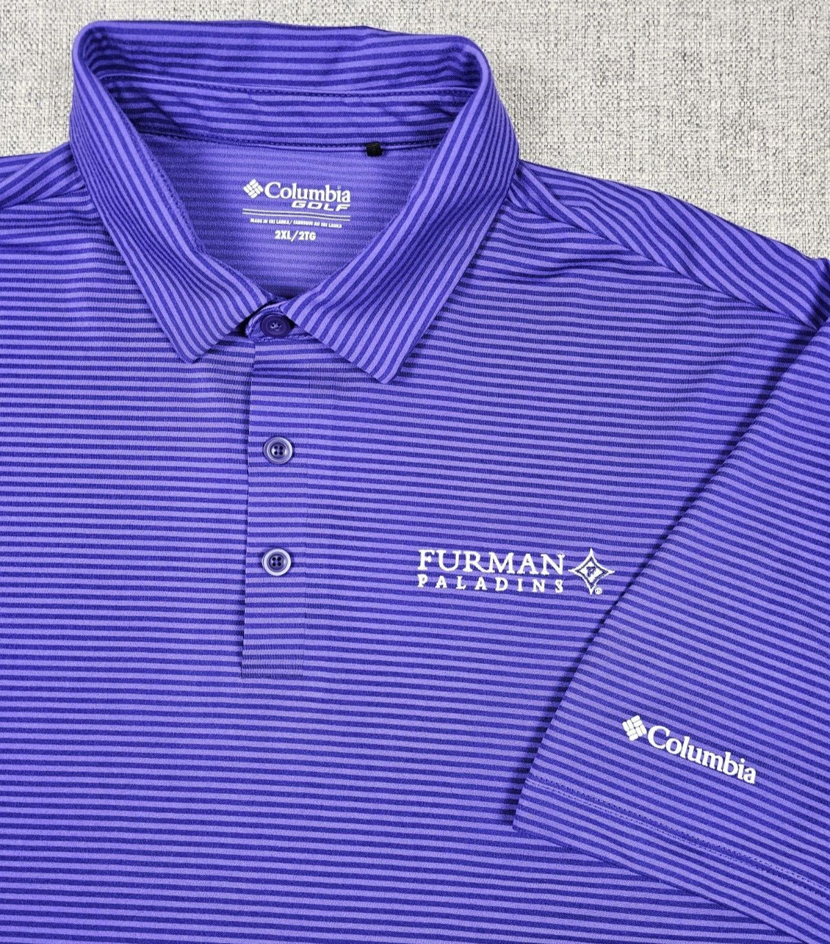 Furman Paladins Polo Shirt Mens 2XL XXL Purple Striped Columbia Golf Stretch