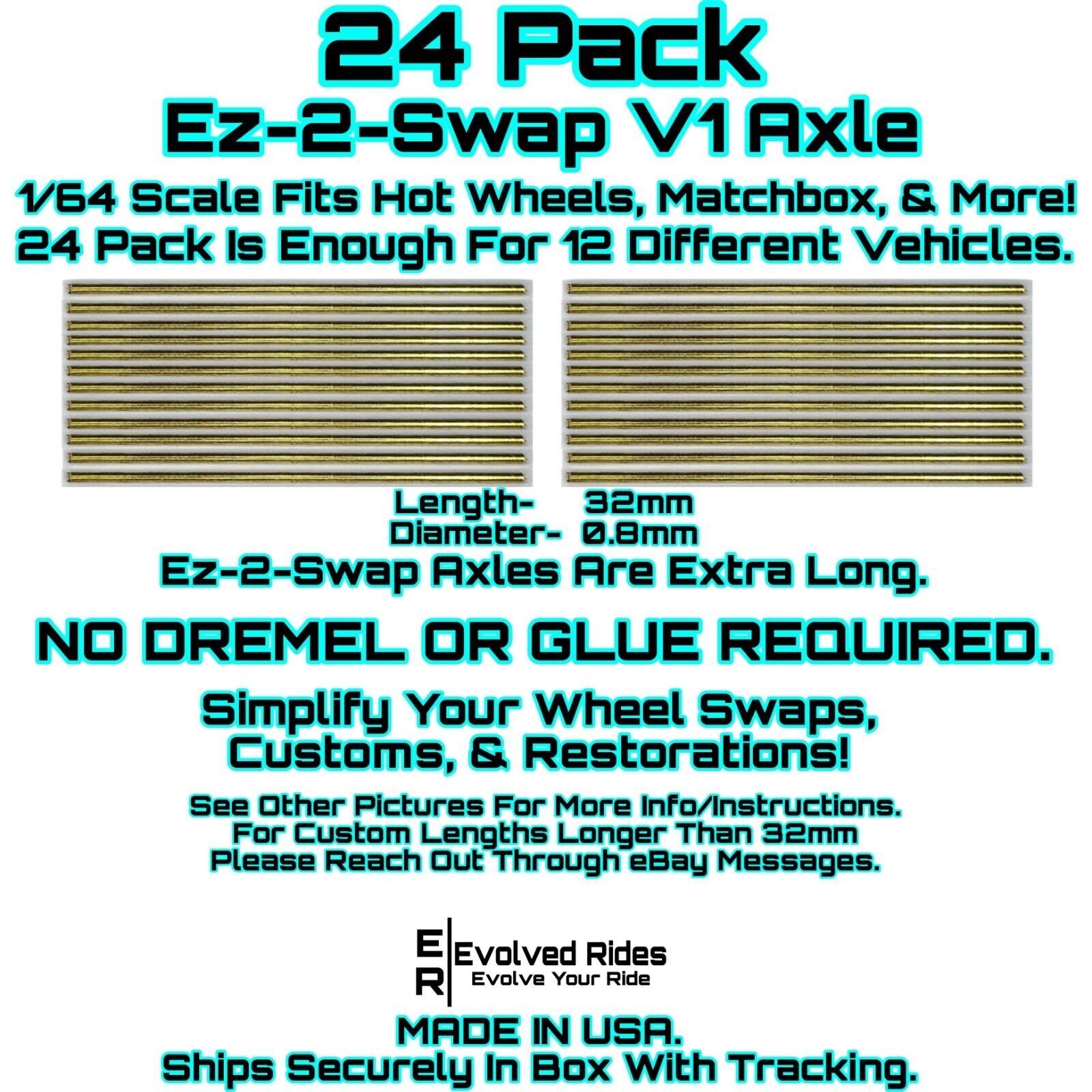 Ez-2-Swap Axle 24Pk 32mm | Hot Wheels Matchbox 1/64 Scale Custom Real Riders