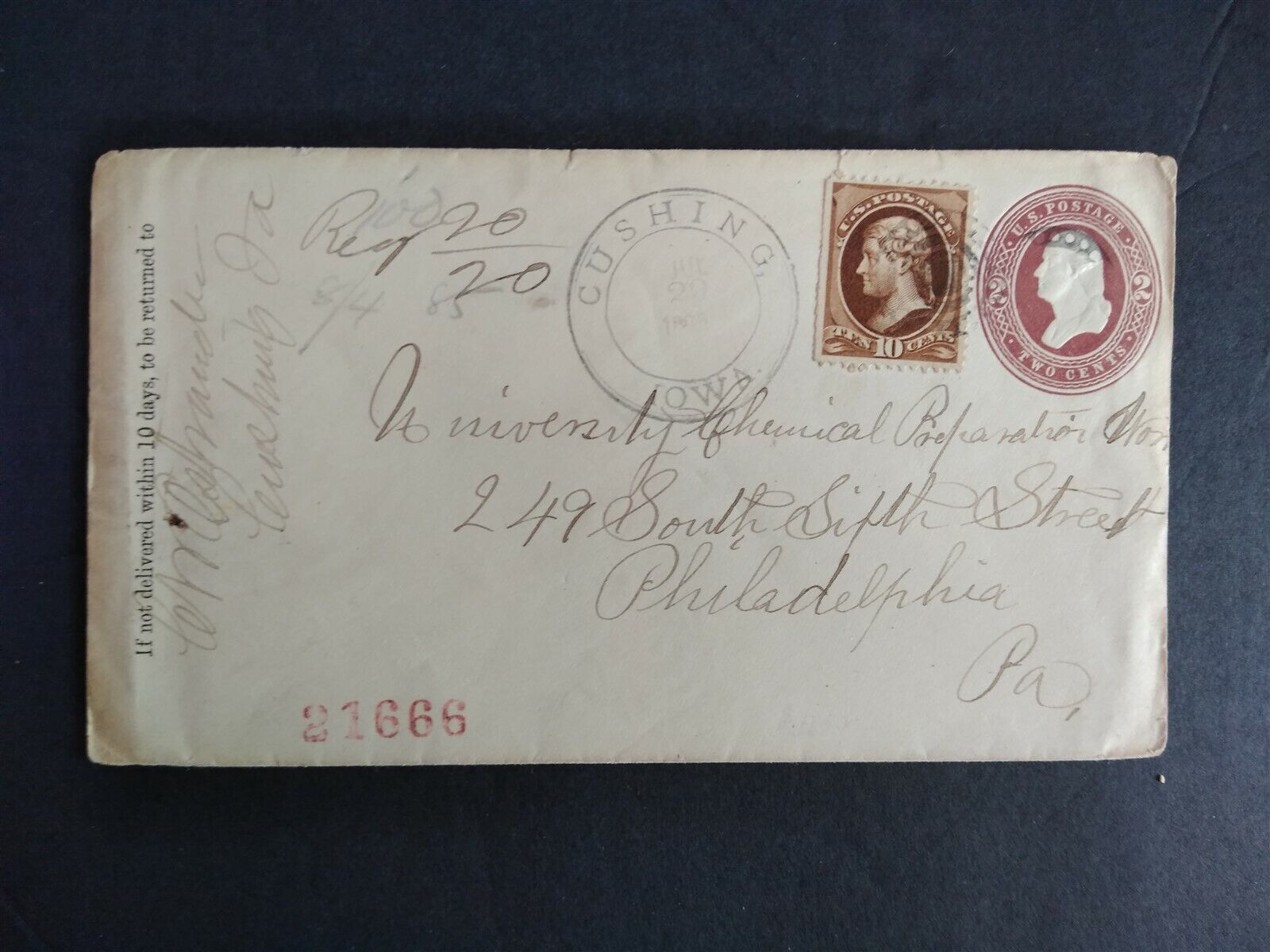 Iowa: Cushing 1885 Registered Cover, Woodbury Co to Philadelphia