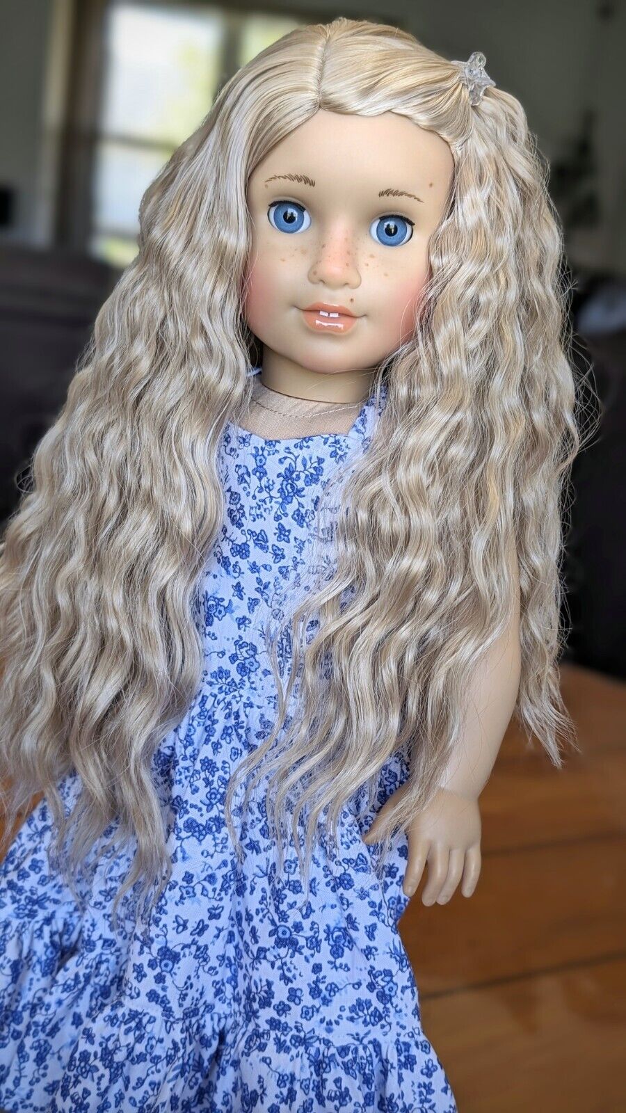 Custom American Girl Doll Light Blue Eyes Blonde Wavy Wig Beachy Freckles OOAK