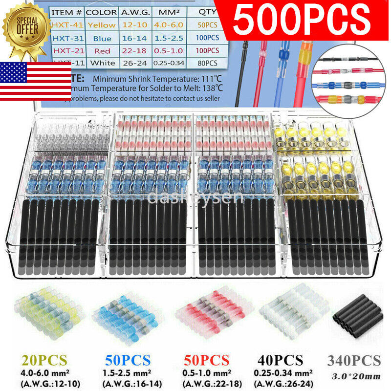 500PCS Waterproof Heat Shrink Butt Terminals Solder Seal Sleeve Wire Connectors
