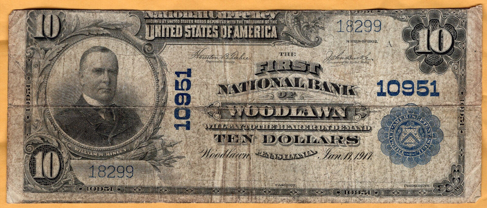 $10 1902 Plain Back National Banknote from First National Bank of Woodlawn, PA