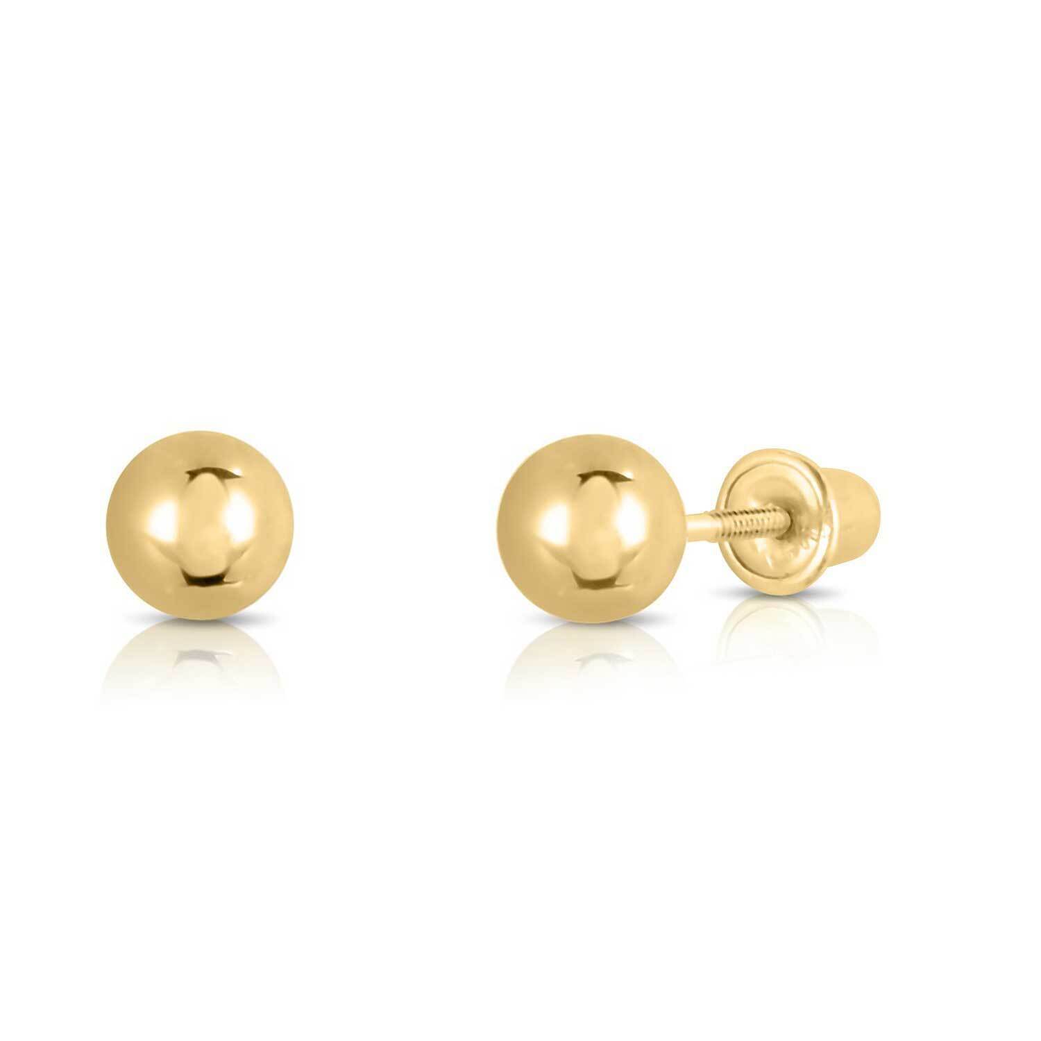 14K Real Solid Gold Round Ball Bead Sleeper Studs Earrings Screw-back 3-8mm