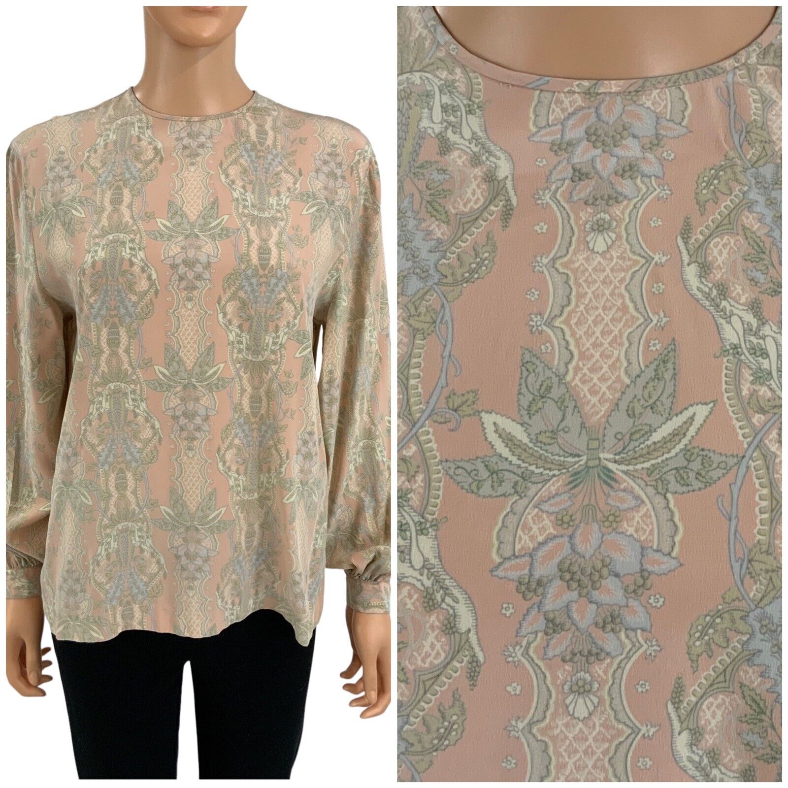 Vintage 100% Silk Secretary Blouse Pastel Baroque Damask Pullover Silk Chiffon 6