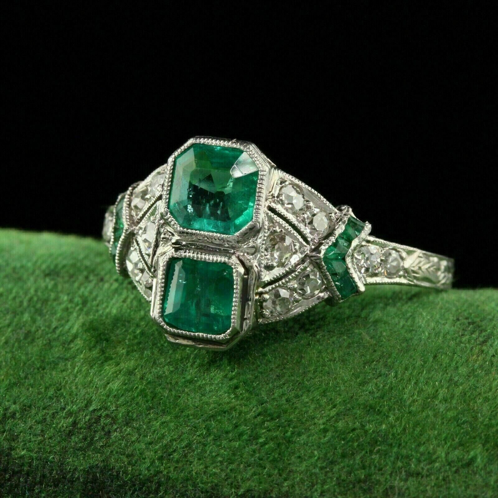 Vintage Art Deco Style Lab Created Emerald Engagement 14K White Gold Finish Ring