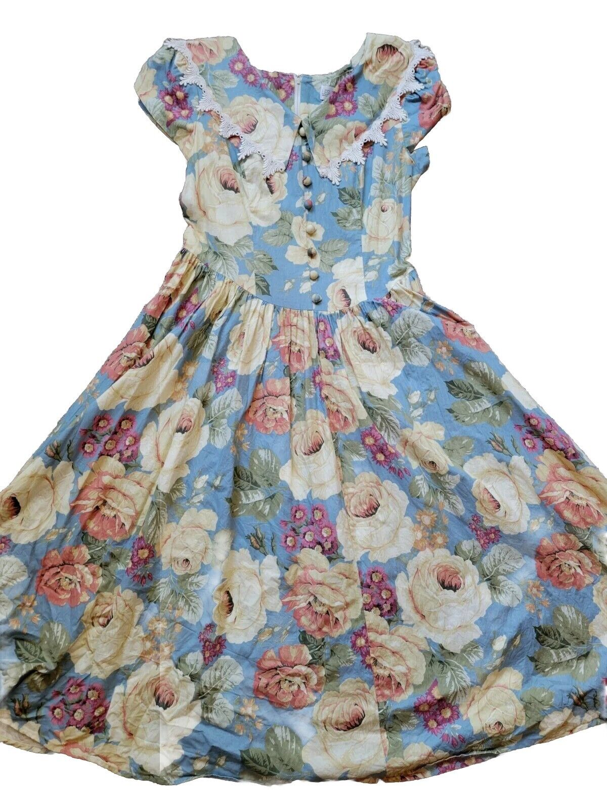 VTG LESLIE LUCKS-1980 Floral Full Skirt Cottagecore Tea Dress SZ 10 Lace  READ