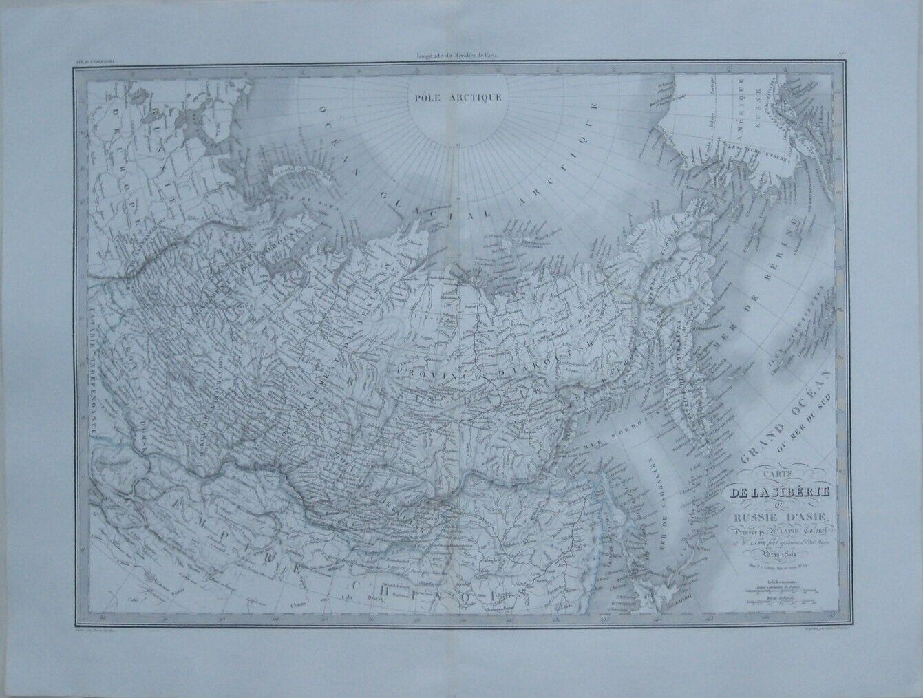 Original 1841 Lapie Map SIBERIA Asiatic Russia Polar Regions Alaska Aleutians