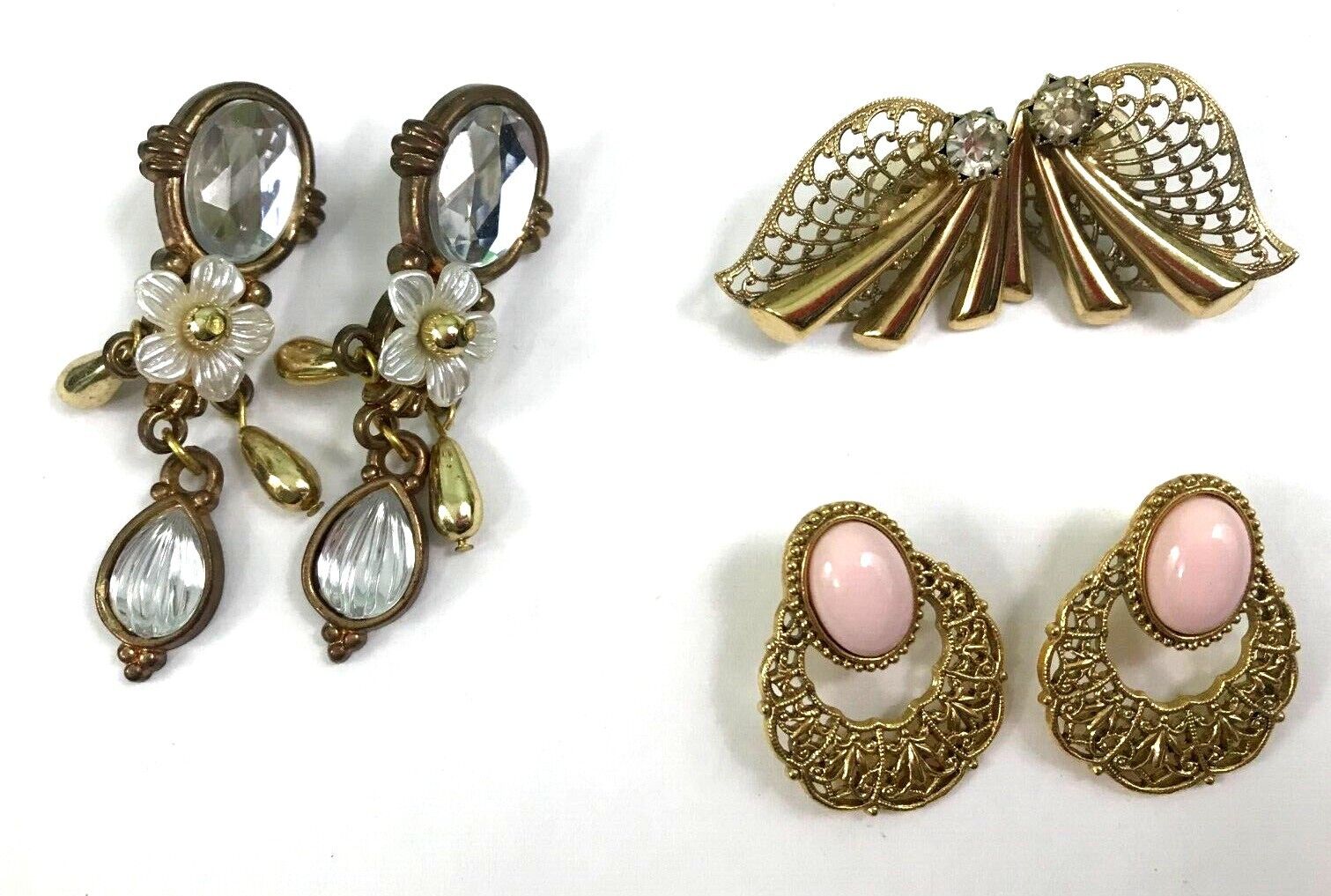 Three Pair Antique-Style Pierced Earrings Gold-Tone 