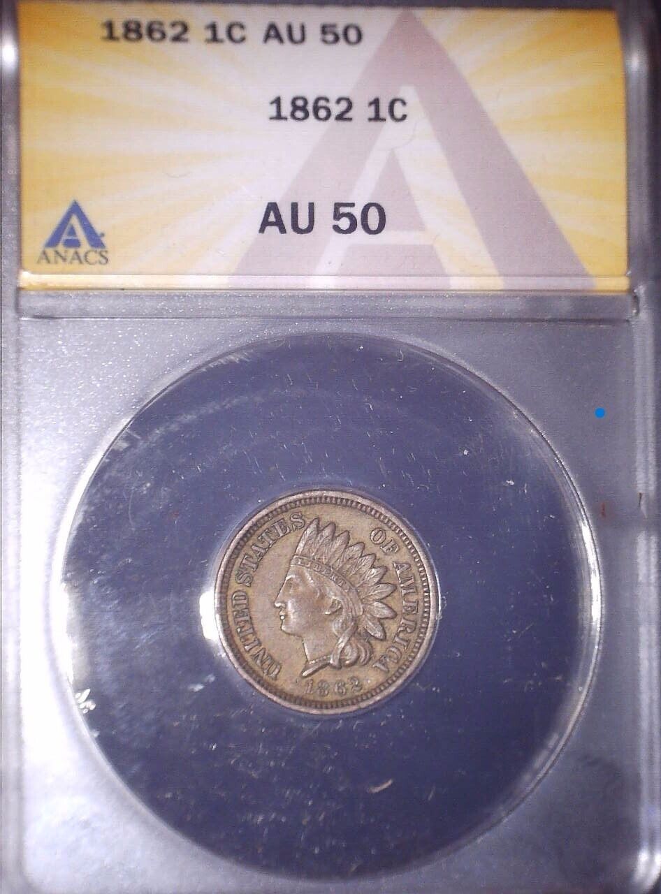 1862 Indian Head Penny, ANACS AU 50, Civil War ERA, Issue Free