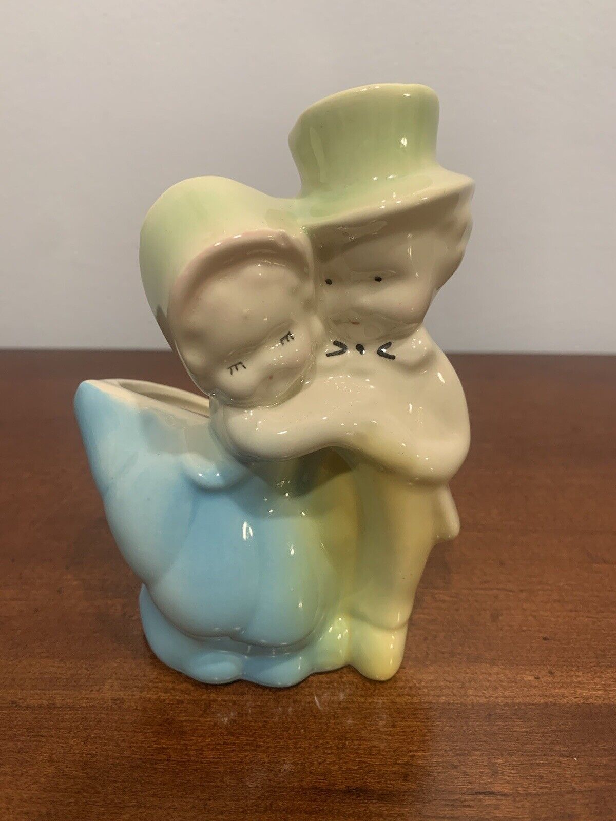 Vintage Boy and Girl Ceramic Planter Dancing Hugging Yellow Blue Green