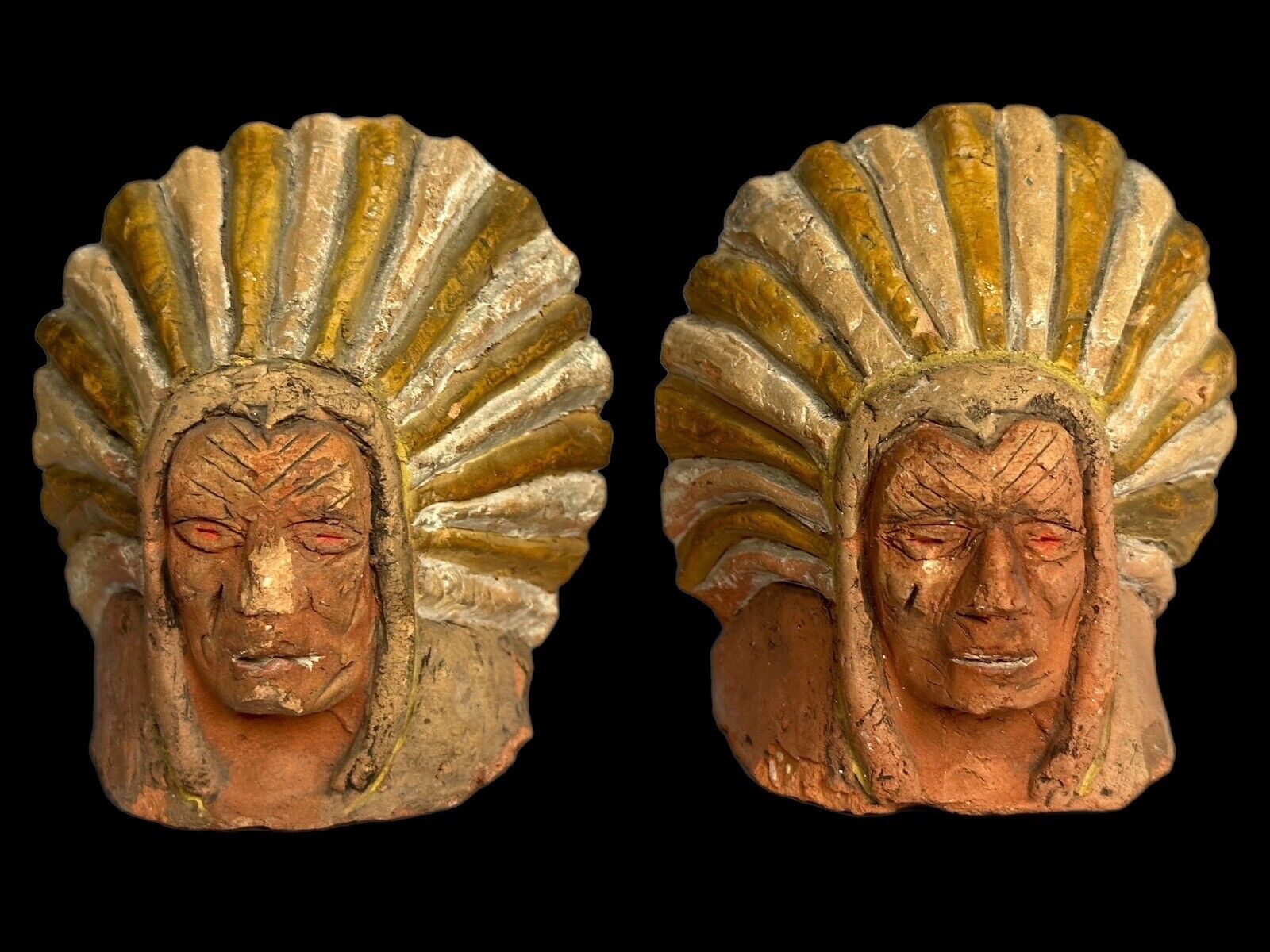 Unusual Early 20th C. Native American Chief Bookends Brick Type Clay Terracotta