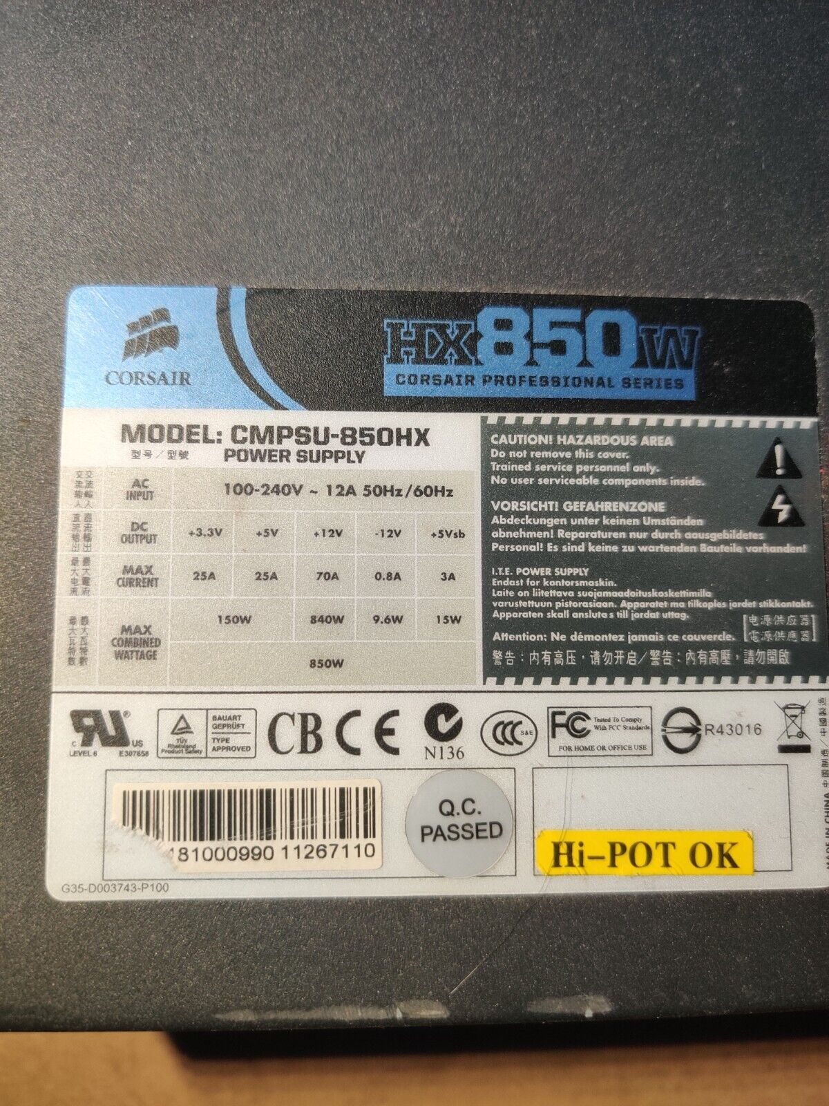 Corsair HX850 Semi-Modular Power Supply, 850W, 75-001219