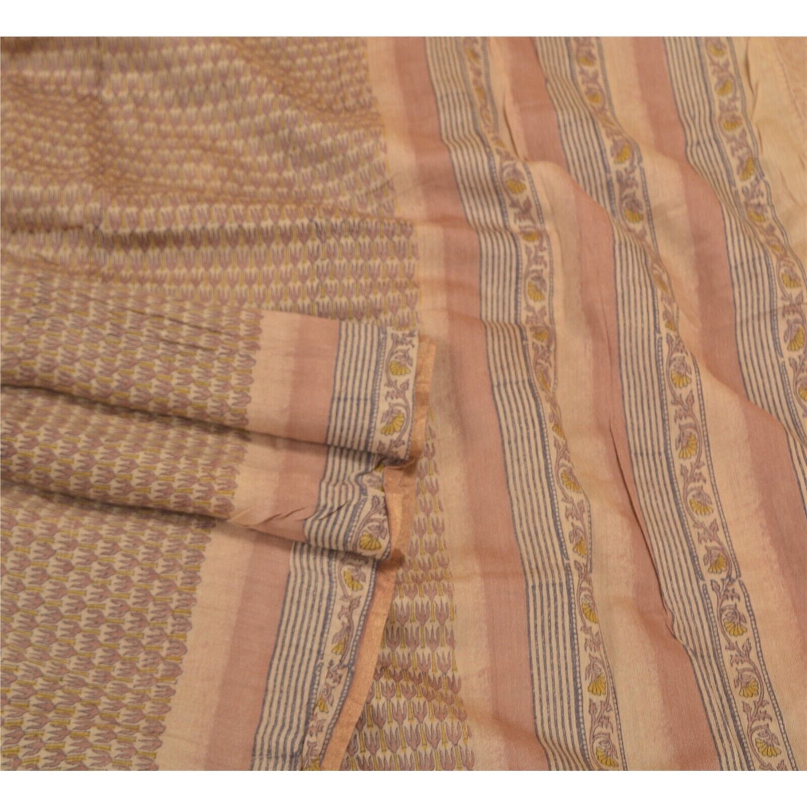 Sanskriti Vintage Cream Indian Sarees Pure Tussar Silk Printed Sari 5 Yd Fabric
