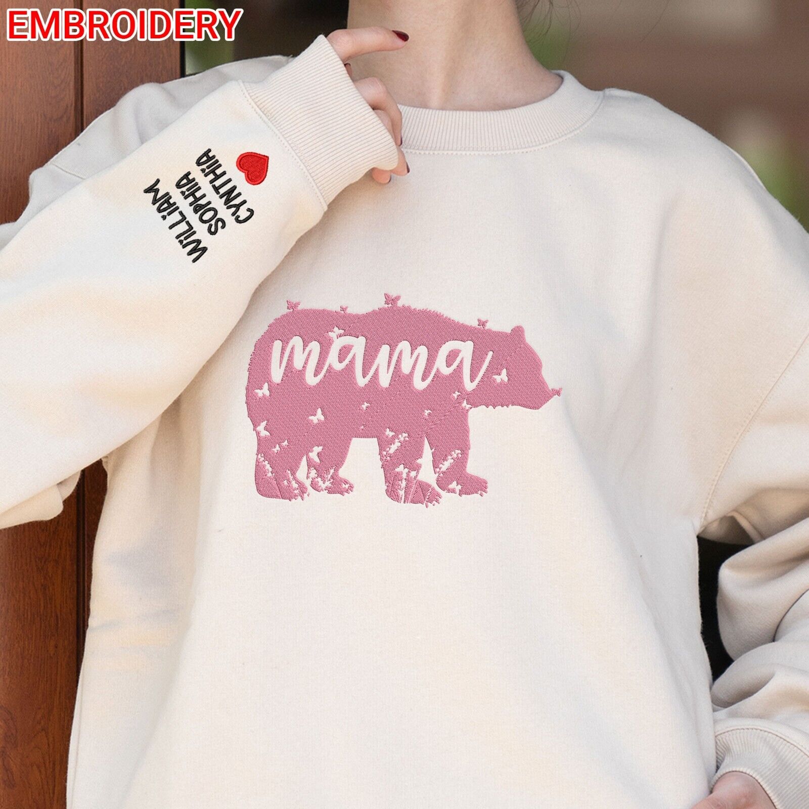 Embroidered Mama Bear Sweatshirt with Kids Name on Sleeve, Mother\'s Day Gift