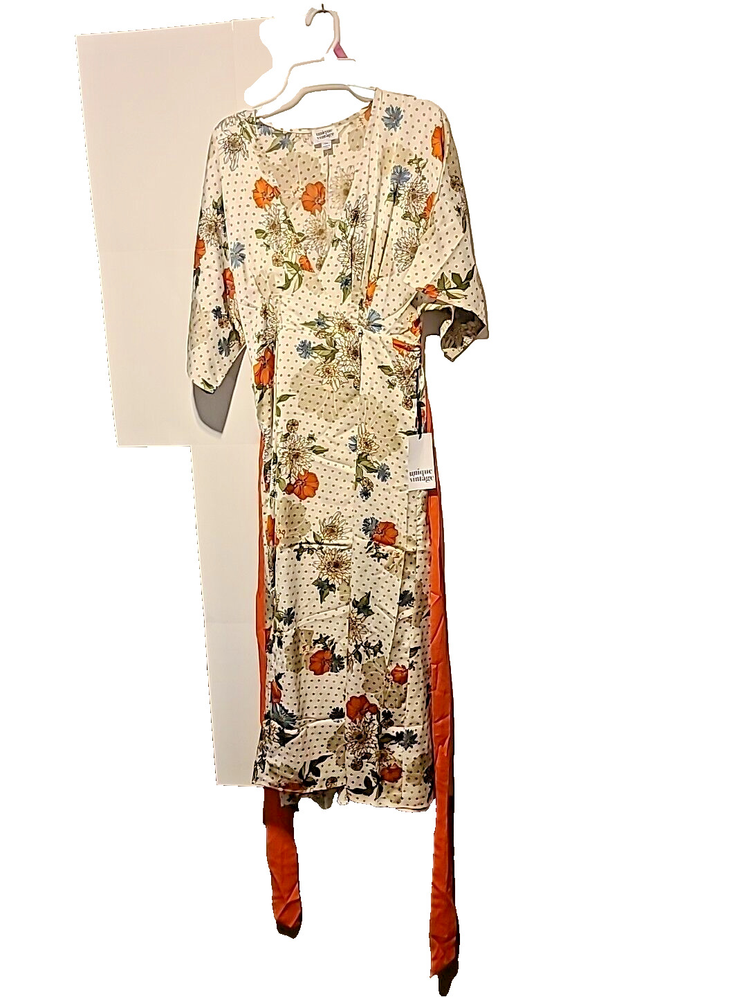 Unique Vintage S/4 Ivory/Orange/Blue Floral Print Kimono Sleeve Wrap Dress