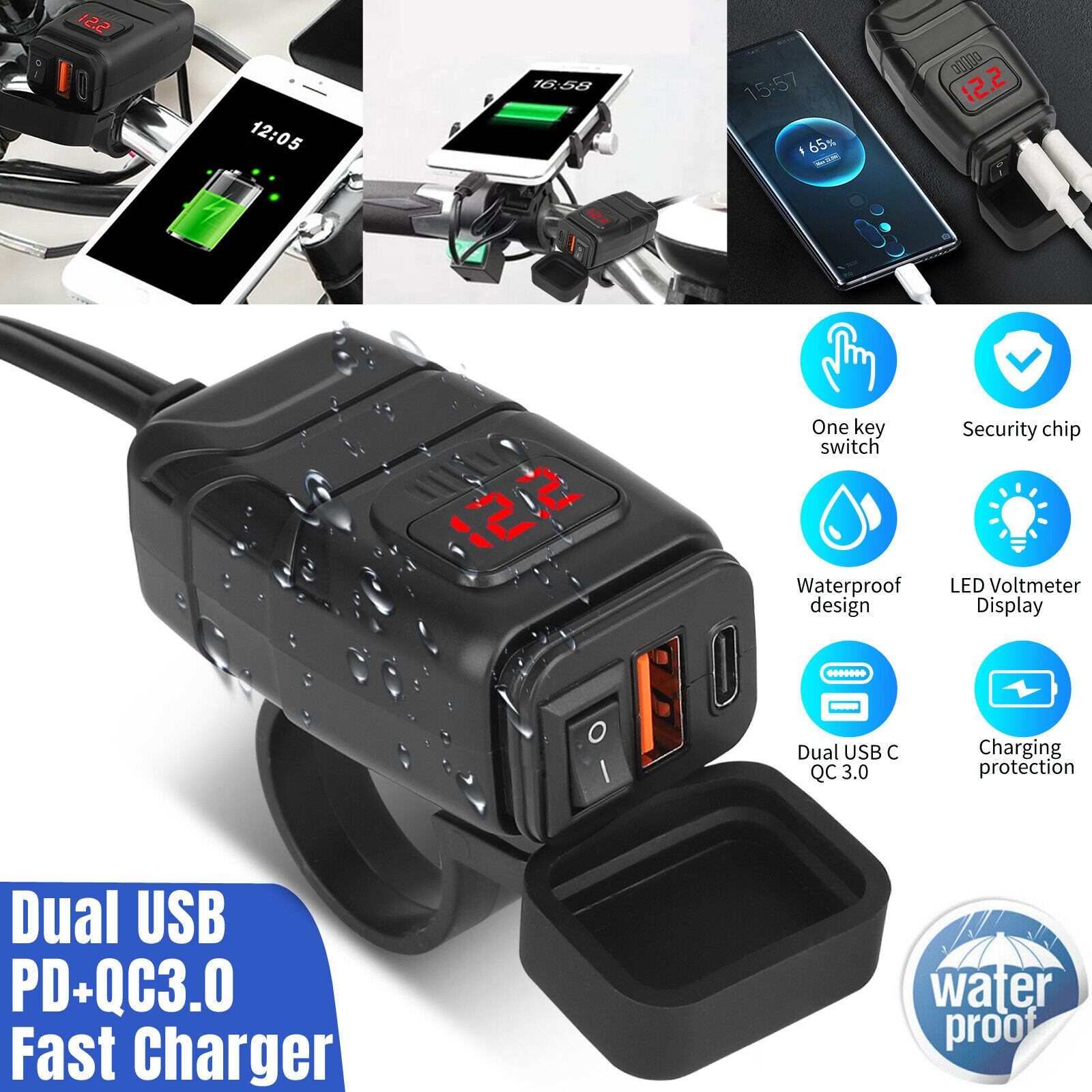 QC3.0+PD Motorcycle Dual USB Phone GPS Fast Charger Adapter Voltmeter Waterproof