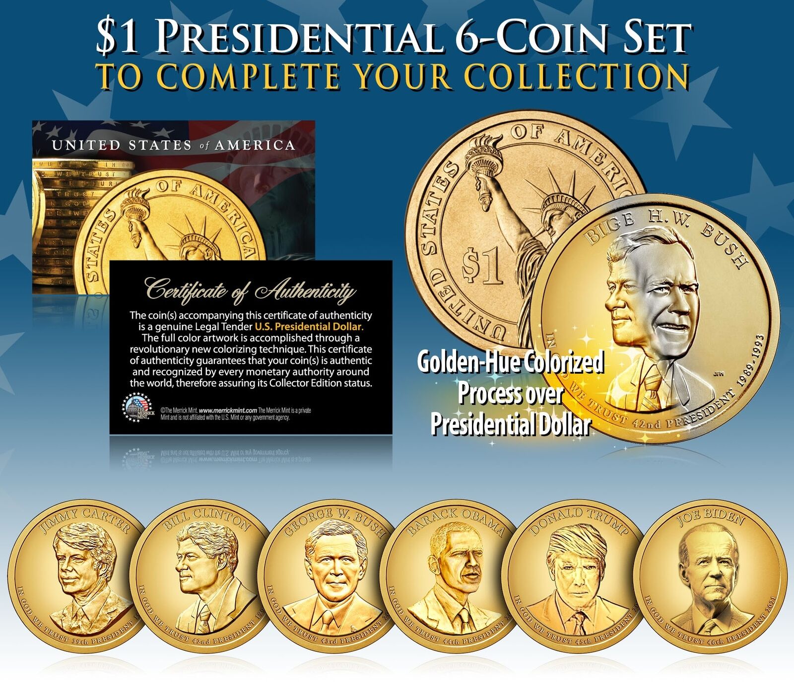 LIVING PRESIDENTS 2020-21 Presidential U.S. Dollar Color GOLDEN HUE 6-Coin Set