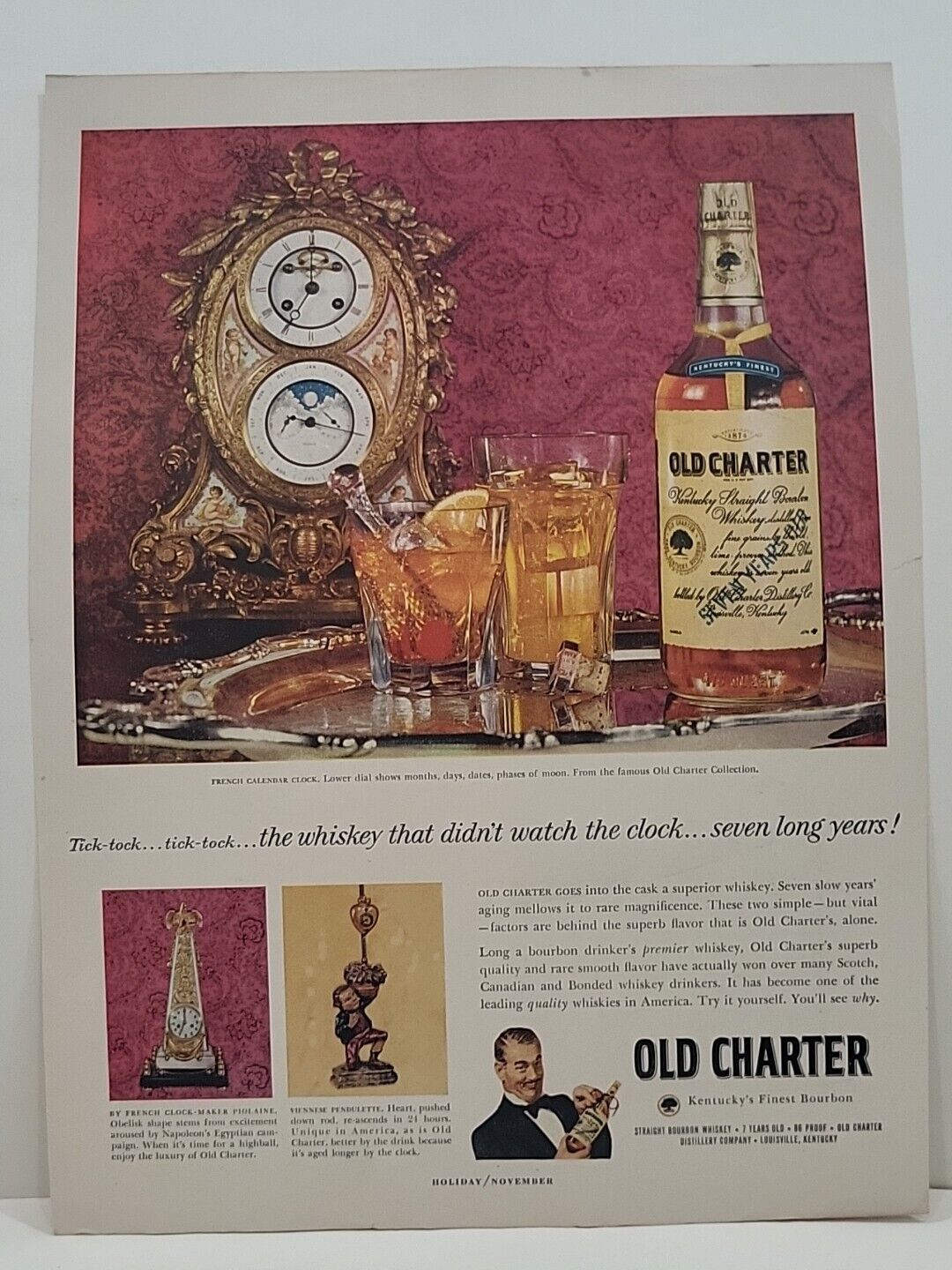 1953 Old Charter Whiskey Bourbon Holiday Print Ad French Calendar Clock bottle