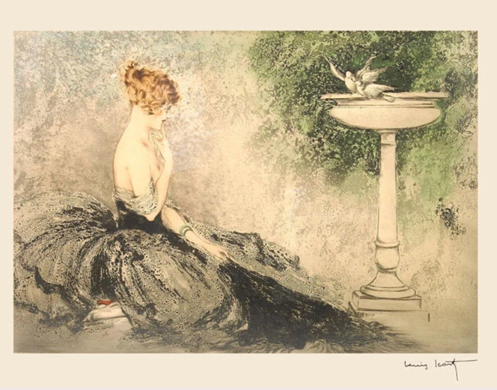 Fashion Lady with Doves at Fountain by Louis Icart art painting print