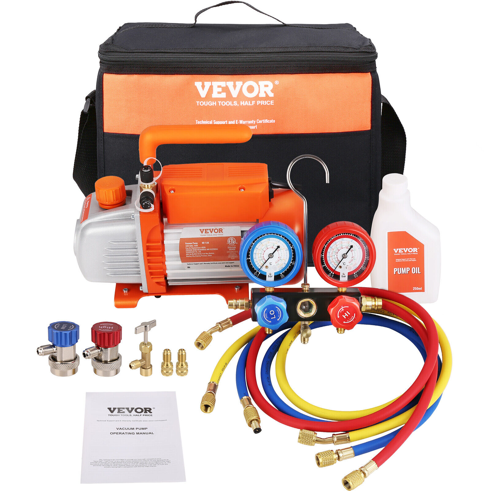 VEVOR 4CFM 1/4 HP HVAC Vacuum Pump + Manifold Gauge Set with Hose R32, R1234yf