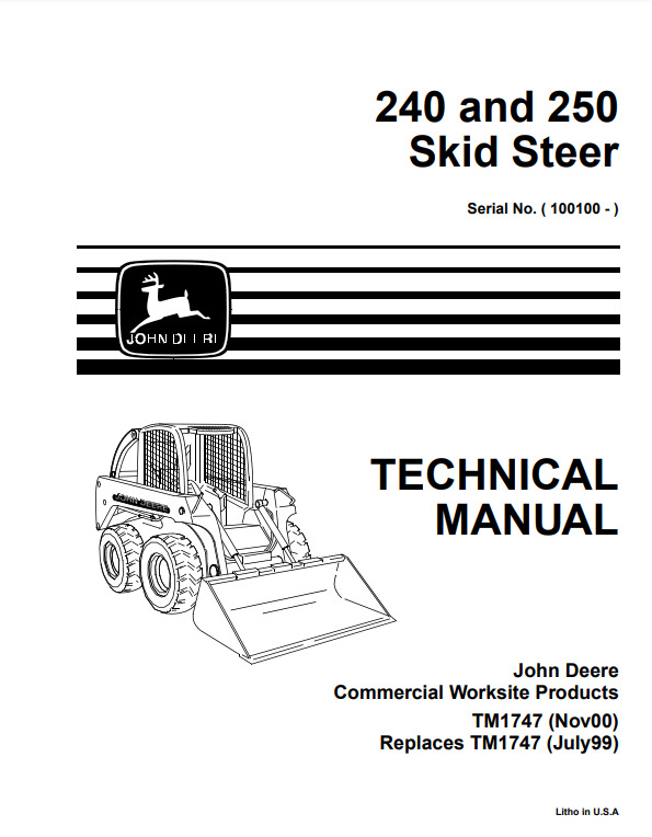 John Deere 240 250 Skid Steer Technical Manual PDF/USB - TM1747