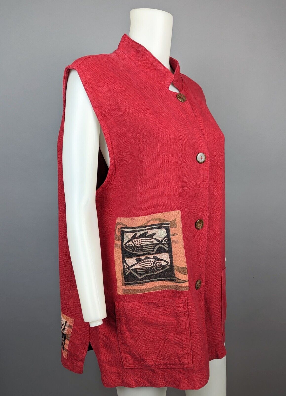 Ad Libz Red 100% Linen Art to Wear Lagenlook Vest Sleeveless Tunic OSFA Vtg USA
