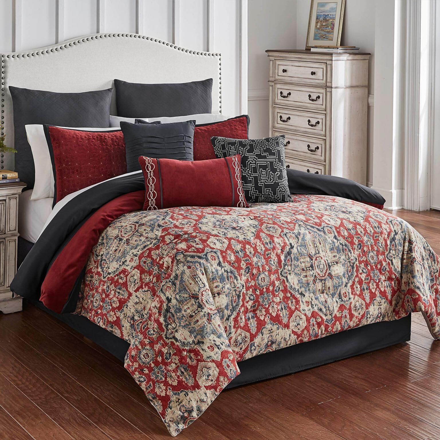 Riverbrook Home 100% Polyester Comforter Set, King, Sadler-Red/Gray,10 Piece Set
